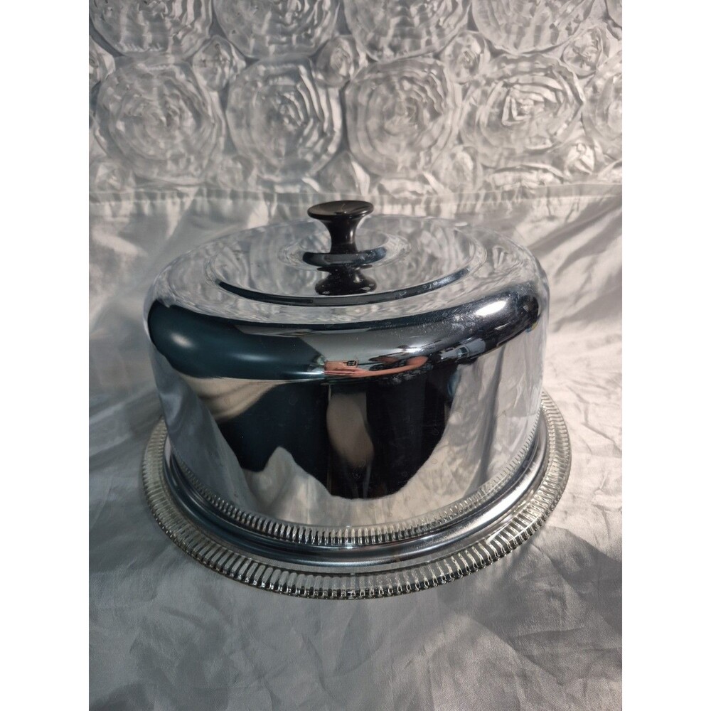 VTG Glass Cake Plate Stainless Steel Dome Lid Covered Dish Ribbed Footed 12" - Picture 2 of 16
